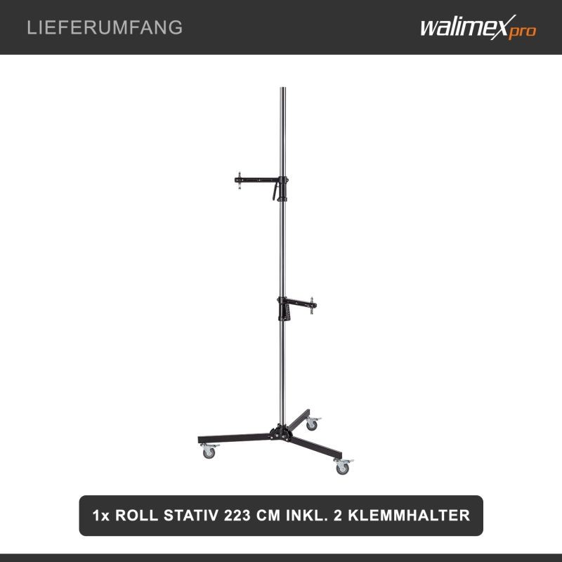 Walimex pro studioteline pyörillä 223 cm, kantavuus 12 kg, 2 kiinnityspidikettä