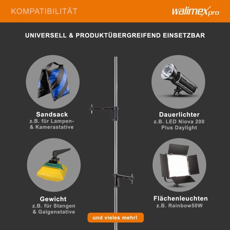 Walimex pro studioteline pyörillä 223 cm, kantavuus 12 kg, 2 kiinnityspidikettä