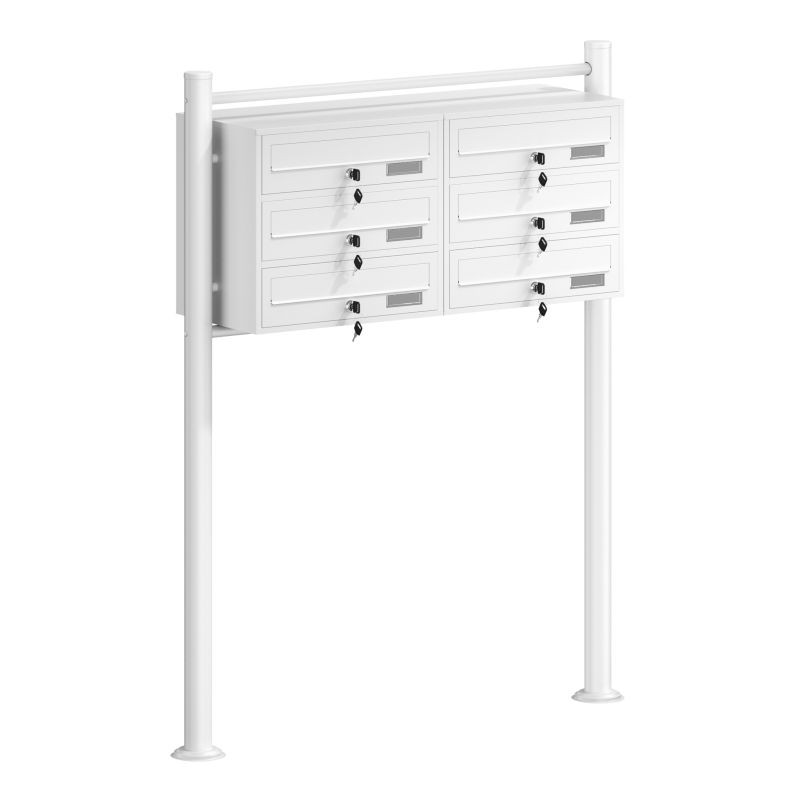 Postilaatikkojärjestelmä 6 lokeroa, valkoinen, 945 x 270 x 1200 mm, jalustalla