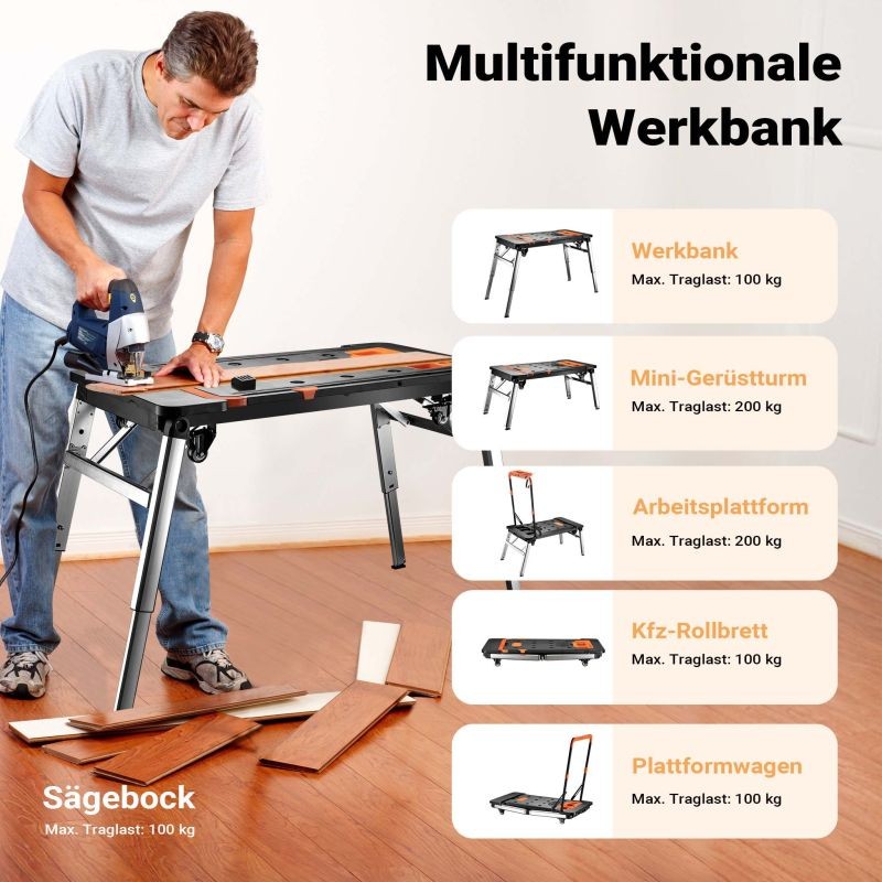 7-in-1-työpöytä 108,5 x 55 x 52 cm, max 250 kg, musta