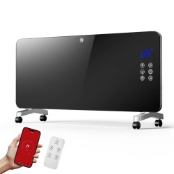 Lasipatteri 2000 W, musta, Wifi-ohjaus, kaukosäädin, LED-näyttö, seinäasennus ja pyörät