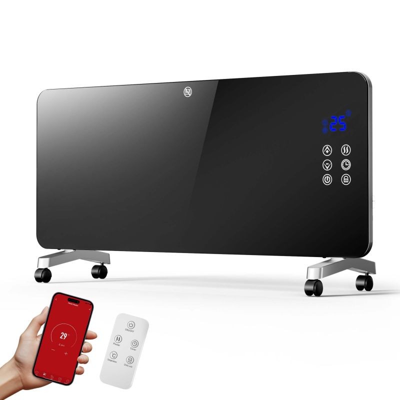 Lasipatteri 2000 W, musta, Wifi-ohjaus, kaukosäädin, LED-näyttö, seinäasennus ja pyörät