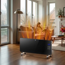 Lasipatteri 2000 W, musta, Wifi-ohjaus, kaukosäädin, LED-näyttö, seinäasennus ja pyörät