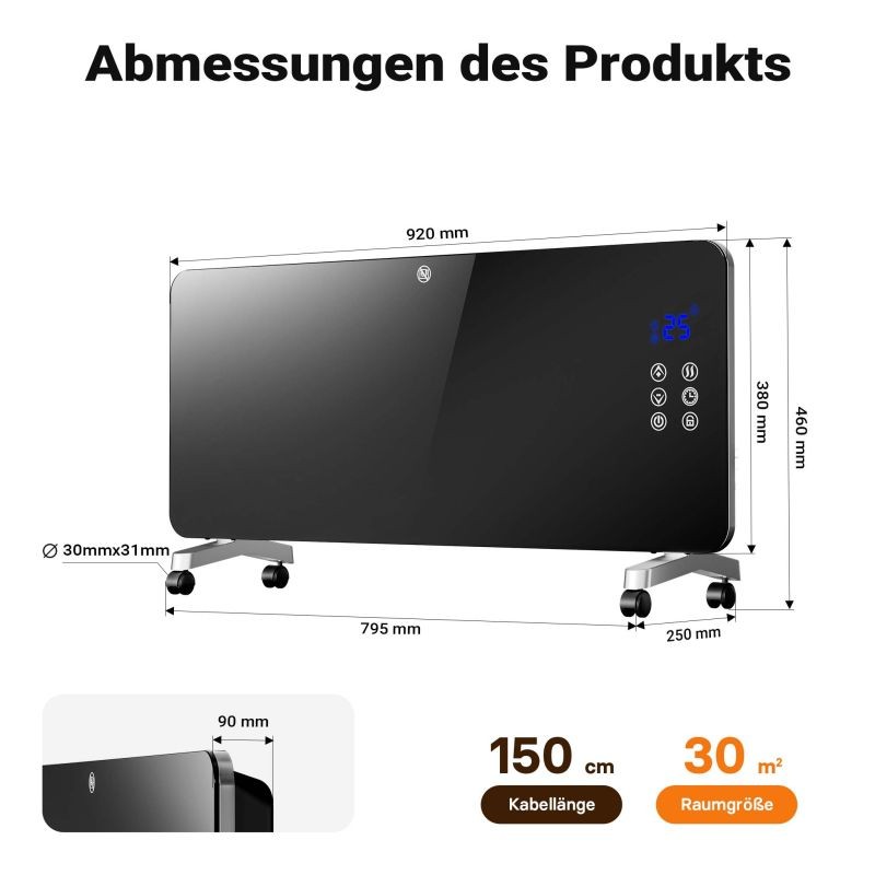 Lasipatteri 2000 W, musta, Wifi-ohjaus, kaukosäädin, LED-näyttö, seinäasennus ja pyörät