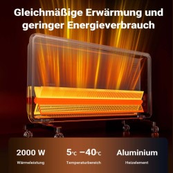 Lasipatteri 2000 W, musta, Wifi-ohjaus, kaukosäädin, LED-näyttö, seinäasennus ja pyörät