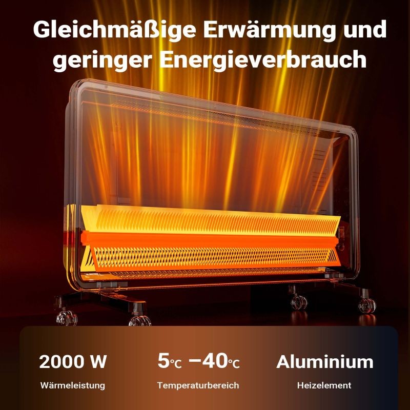 Lasipatteri 2000 W, musta, Wifi-ohjaus, kaukosäädin, LED-näyttö, seinäasennus ja pyörät