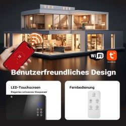 Lasipatteri 2000 W, musta, Wifi-ohjaus, kaukosäädin, LED-näyttö, seinäasennus ja pyörät