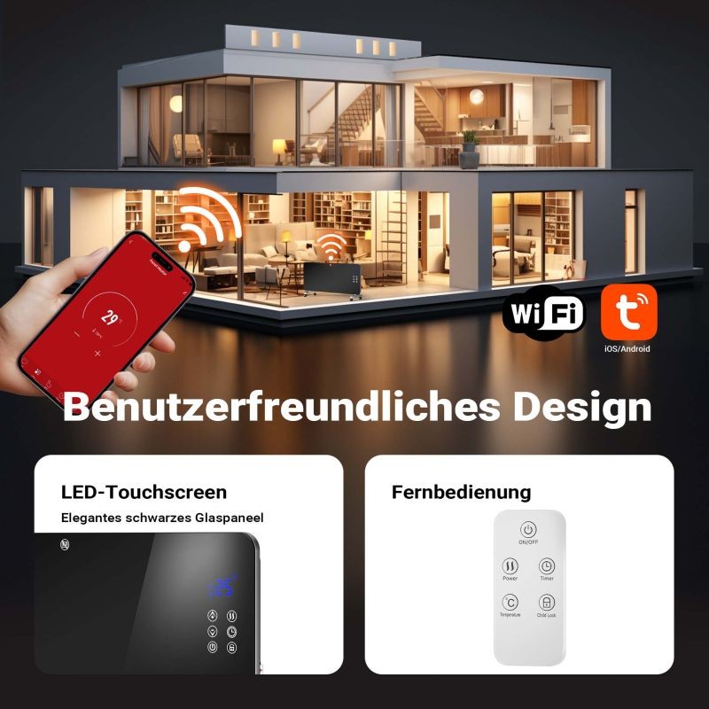 Lasipatteri 2000 W, musta, Wifi-ohjaus, kaukosäädin, LED-näyttö, seinäasennus ja pyörät