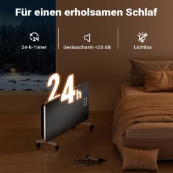 Lasipatteri 2000 W, musta, Wifi-ohjaus, kaukosäädin, LED-näyttö, seinäasennus ja pyörät