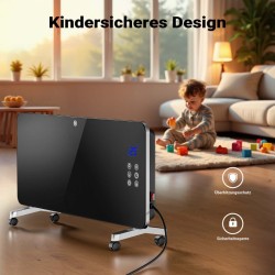 Lasipatteri 2000 W, musta, Wifi-ohjaus, kaukosäädin, LED-näyttö, seinäasennus ja pyörät