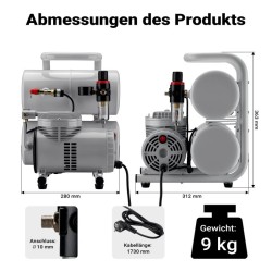 Airbrush-kompressori AS06T 1/4 PS, 3,2 bar, 65-69 l/min, 7,5 l, varustepaketti