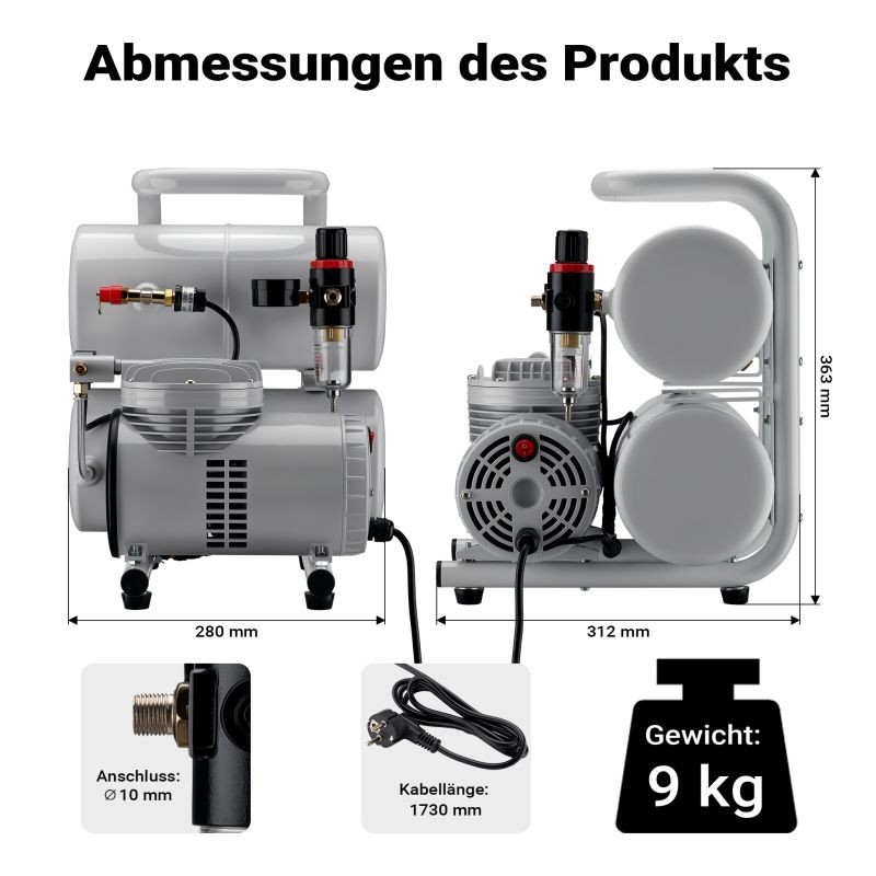 Airbrush-kompressori AS06T 1/4 PS, 3,2 bar, 65-69 l/min, 7,5 l, varustepaketti