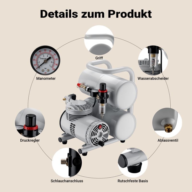 Airbrush-kompressori AS06T 1/4 PS, 3,2 bar, 65-69 l/min, 7,5 l, varustepaketti