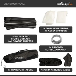 Walimex pro Studio Octagon-softbox 120 cm, Profoto- ja Bowens-adapterit, kenno, maski ja kuljetuslaukku