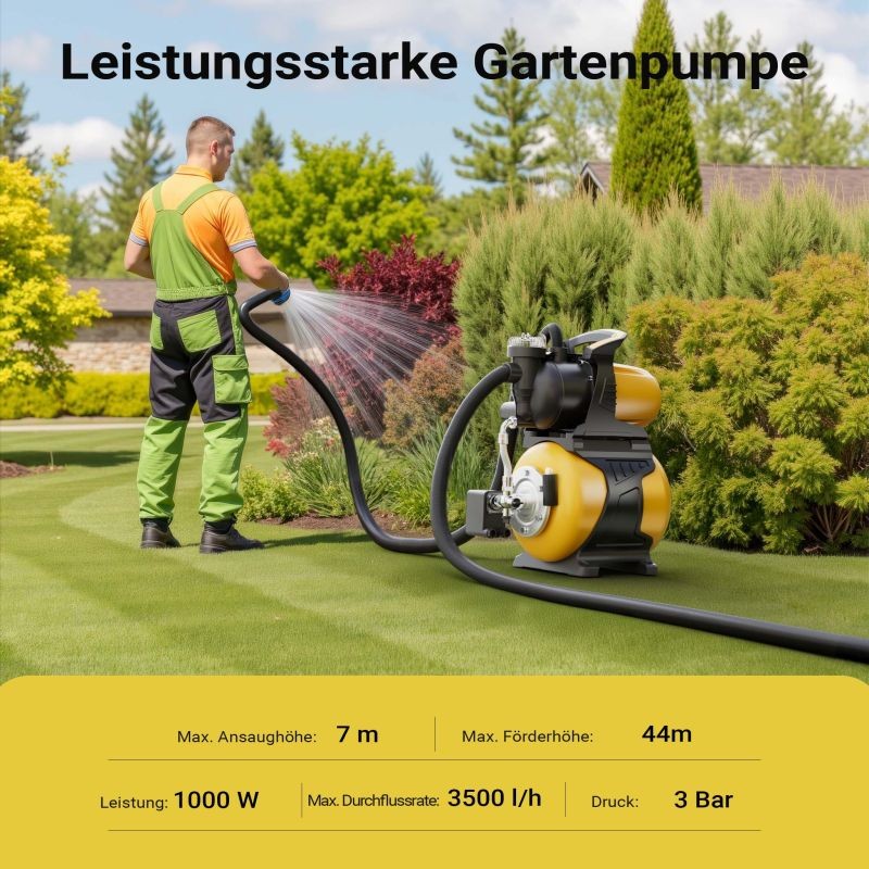 Kotipumppu 19 l säiliöllä, 3500 l/h, 44 m nostokorkeus, 7 m imukorkeus, painekytkimellä ja esisuodattimella