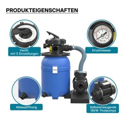 Uima-altaan hiekkasuodatinjärjestelmä, 180 W, 14 l säiliö ja itseimevä pumppu 9000 l/h