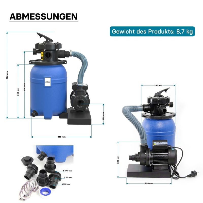 Uima-altaan hiekkasuodatinjärjestelmä, 180 W, 14 l säiliö ja itseimevä pumppu 9000 l/h