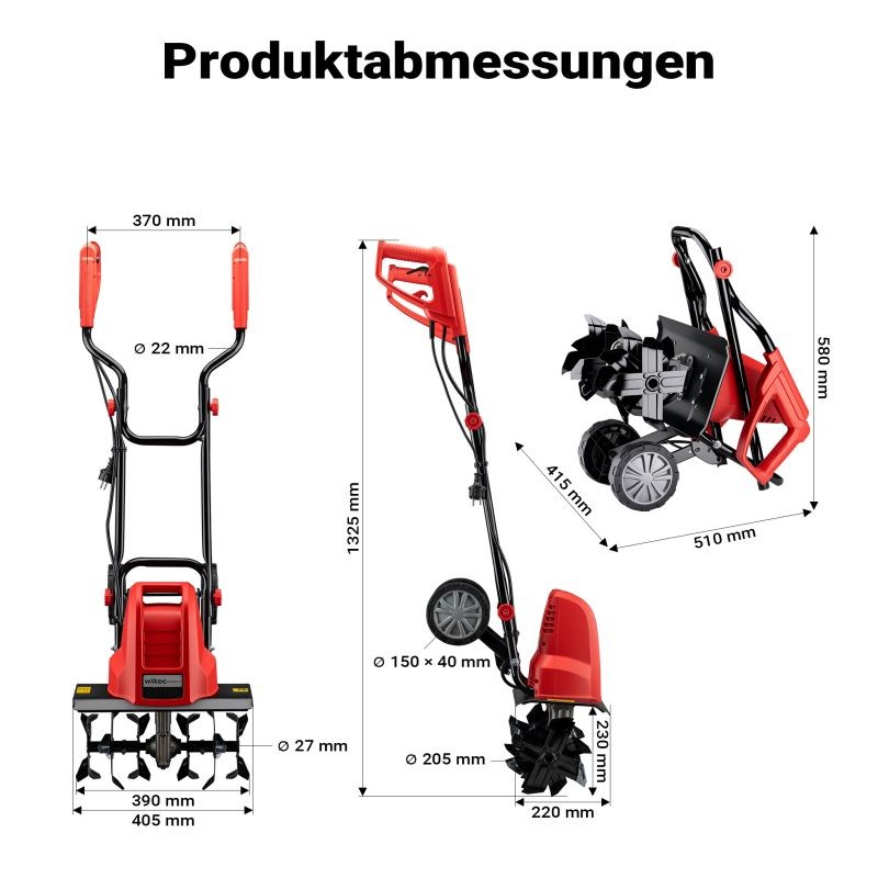 Sähköinen puutarhamuokkuri 1500 W, 400 kierrosta/min, työsyvyys 220 mm, 24 terää, pyörillä