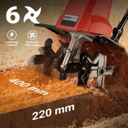 Sähköinen puutarhamuokkuri 1500 W, 400 kierrosta/min, työsyvyys 220 mm, 24 terää, pyörillä