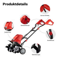 Sähköinen puutarhamuokkuri 1500 W, 400 kierrosta/min, työsyvyys 220 mm, 24 terää, pyörillä