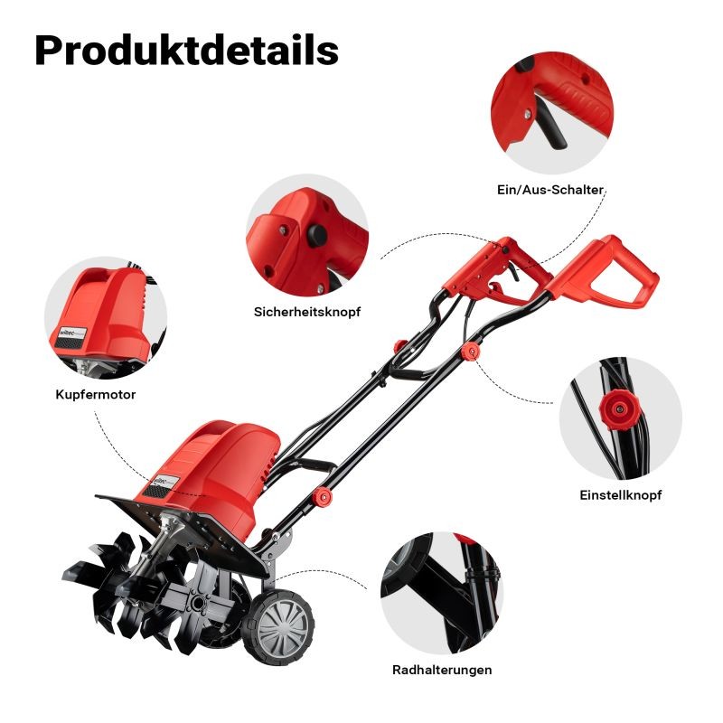 Sähköinen puutarhamuokkuri 1500 W, 400 kierrosta/min, työsyvyys 220 mm, 24 terää, pyörillä