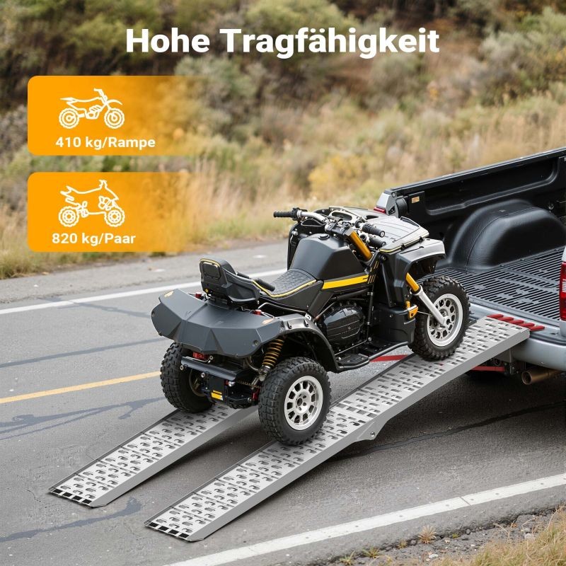 Taitettava alumiininen lastausramppi moottoripyörille ja mönkijöille, 226,5 cm, 410 kg
