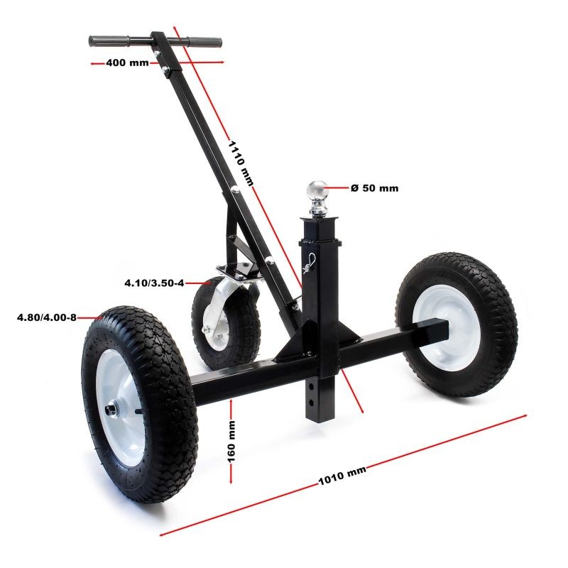 Siirtovaunu asuntovaunuille ja perävaunuille, 3 pyörää, säädettävä 50 mm kytkentäpallo, max 500 kg