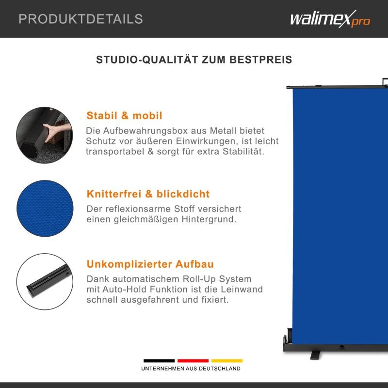 Walimex pro rullattava taustaseinä, sininen, 165 x 220 cm, kuljetuslaatikolla