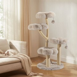 Fudajo kiipeilypuu 59 x 59 x 123 cm 4 tasoa sisal ja pehmo kermanvalkoinen ja harmaa