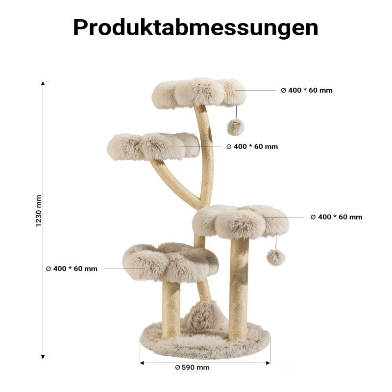 Fudajo kiipeilypuu 59 x 59 x 123 cm, 4 tasoa, sisal ja pehmo, kermanvalkoinen ja harmaa