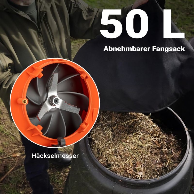 3-in-1 lehtipuhallin, imuri ja silppuri, 1 PS, 26 ccm, 50 l keräyspussi, oranssi