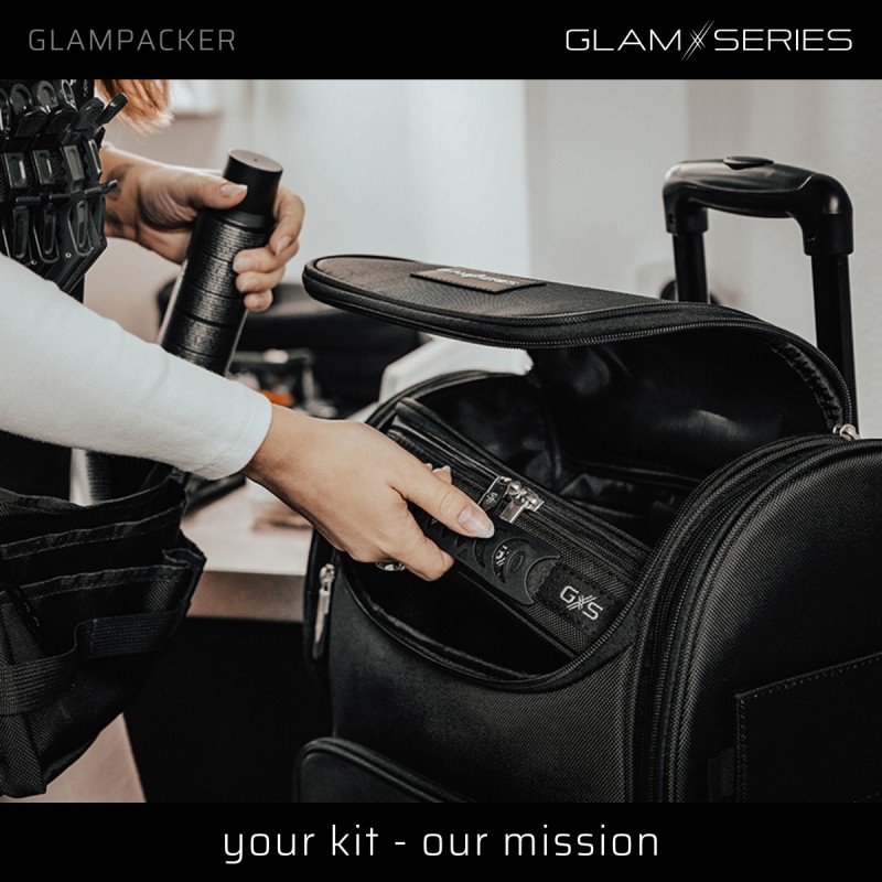 GlamSeries GlamPacker kosmetiikkareppu, musta, ergonominen ja laajennettava, lämpösuojatulla taskulla