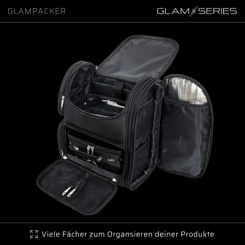 GlamSeries GlamPacker kosmetiikkareppu, musta, ergonominen ja laajennettava, lämpösuojatulla taskulla