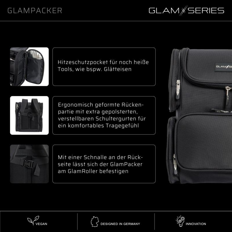 GlamSeries GlamPacker kosmetiikkareppu, musta, ergonominen ja laajennettava, lämpösuojatulla taskulla
