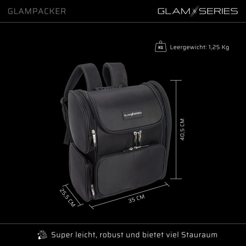 GlamSeries GlamPacker kosmetiikkareppu, musta, ergonominen ja laajennettava, lämpösuojatulla taskulla