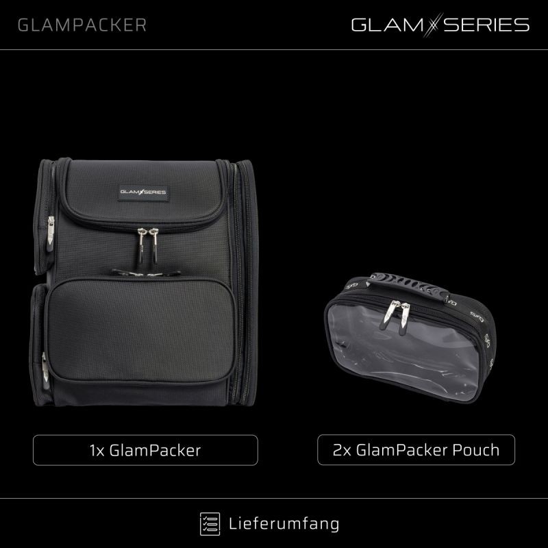 GlamSeries GlamPacker kosmetiikkareppu, musta, ergonominen ja laajennettava, lämpösuojatulla taskulla