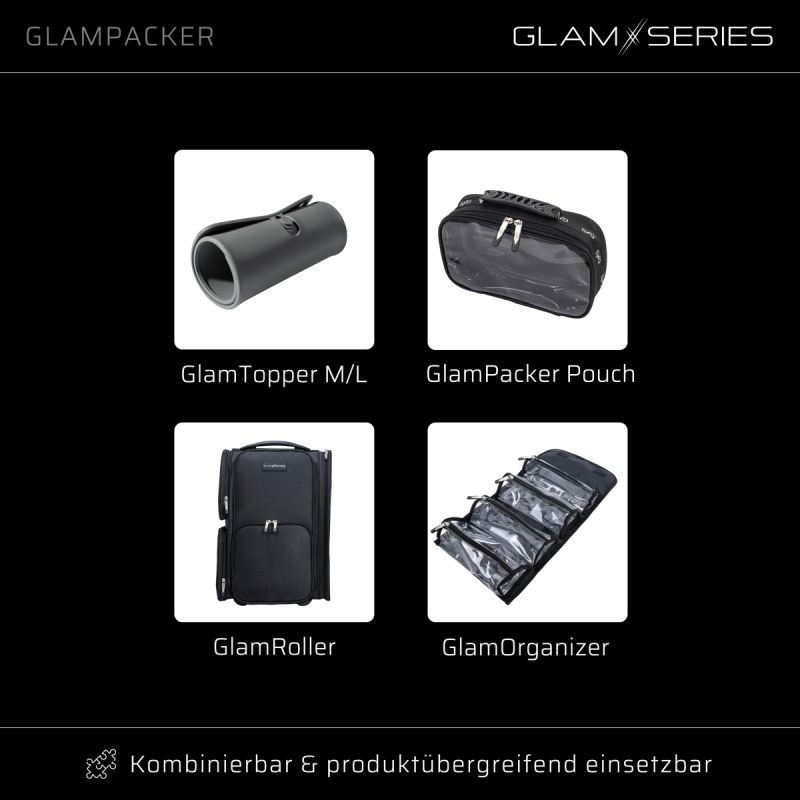 GlamSeries GlamPacker kosmetiikkareppu, musta, ergonominen ja laajennettava, lämpösuojatulla taskulla