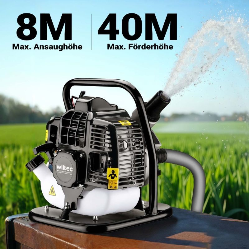 Bensiinikäyttöinen vesipumppu 1,4 kW, 15 m³/h, 2-tahtimoottori, itseimevä, kasteluun ja veden poistoon