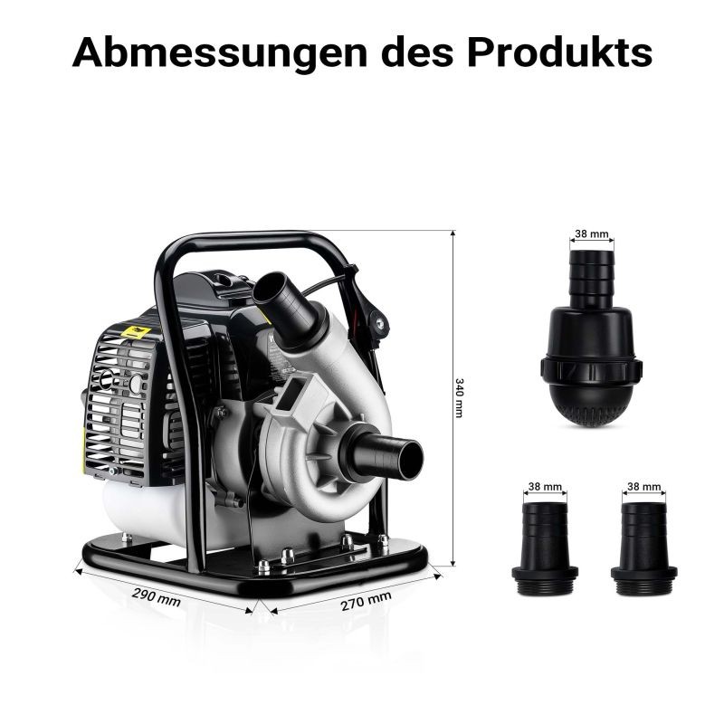 Bensiinikäyttöinen vesipumppu 1,4 kW, 15 m³/h, 2-tahtimoottori, itseimevä, kasteluun ja veden poistoon