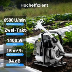 Bensiinikäyttöinen vesipumppu 1,4 kW, 15 m³/h, 2-tahtimoottori, itseimevä, kasteluun ja veden poistoon