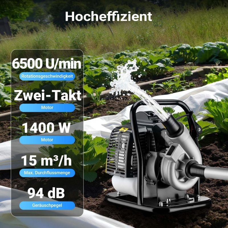 Bensiinikäyttöinen vesipumppu 1,4 kW, 15 m³/h, 2-tahtimoottori, itseimevä, kasteluun ja veden poistoon