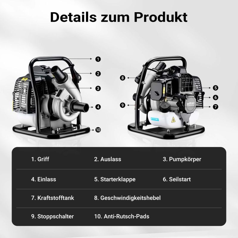 Bensiinikäyttöinen vesipumppu 1,4 kW, 15 m³/h, 2-tahtimoottori, itseimevä, kasteluun ja veden poistoon