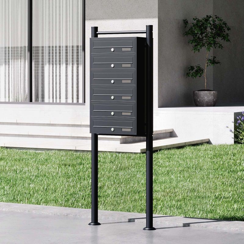 6-osainen seisova postilaatikkojärjestelmä, musta, sinkitty teräs, 556 x 270 x 1500 mm