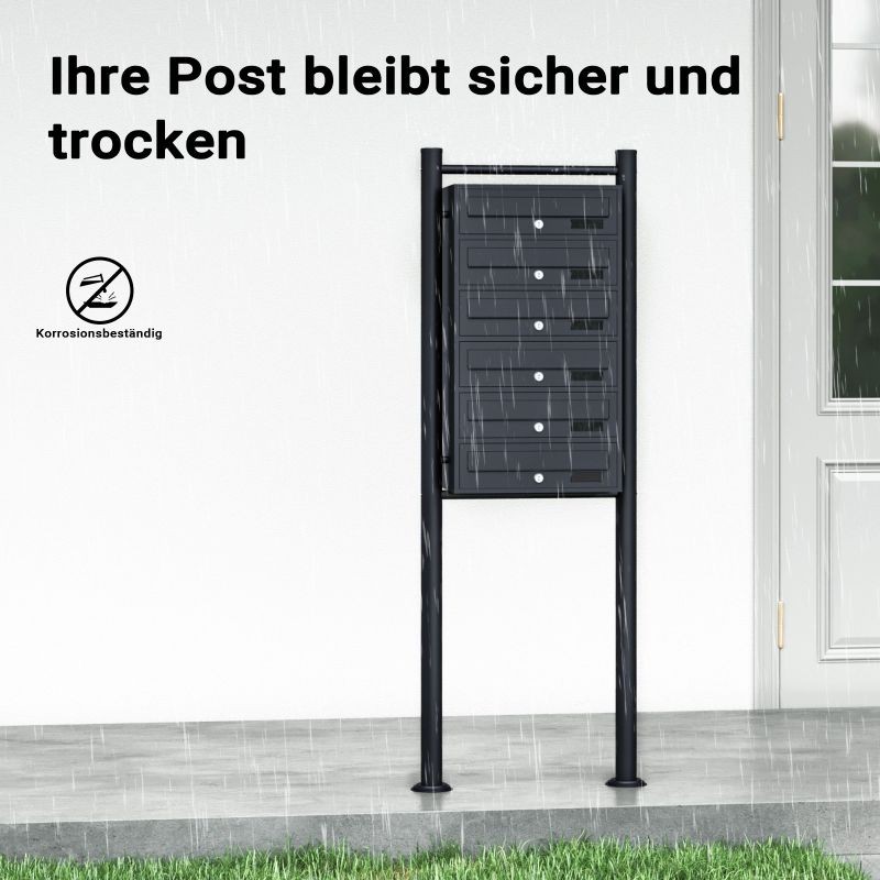 6-osainen seisova postilaatikkojärjestelmä, musta, sinkitty teräs, 556 x 270 x 1500 mm