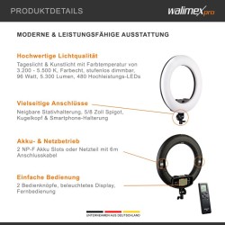 Walimex pro Medow 960 Pro LED-rengasvalo Bi-Color 3200-5500 K, 96 W, 45 cm, kaukosäätimellä