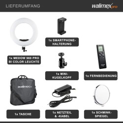 Walimex pro Medow 960 Pro LED-rengasvalo Bi-Color 3200-5500 K, 96 W, 45 cm, kaukosäätimellä