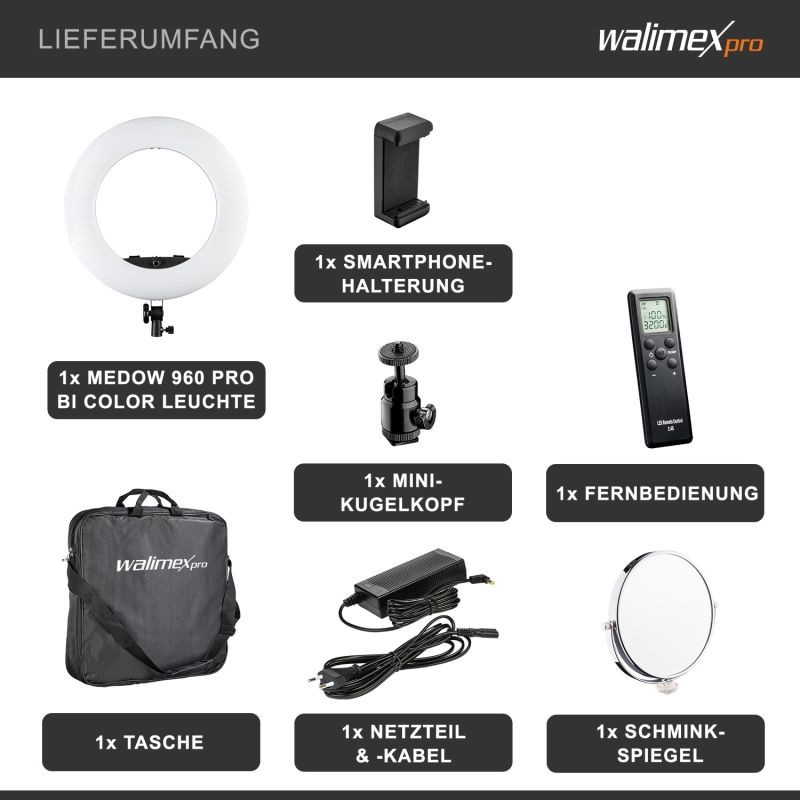Walimex pro Medow 960 Pro LED-rengasvalo Bi-Color 3200-5500 K, 96 W, 45 cm, kaukosäätimellä