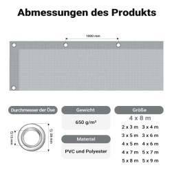 Säänkestävä suojapeite 4 x 8 m, harmaa, PVC-pinnoitettu polyesteri 650 g/m², vedenpitävä, UV-suoja