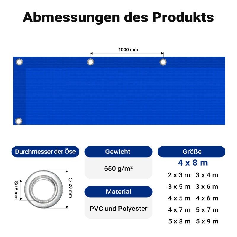 Säänkestävä suojapeite 4 x 8 m, sininen, PVC-pinnoite, vedenpitävä, UV-suojaus