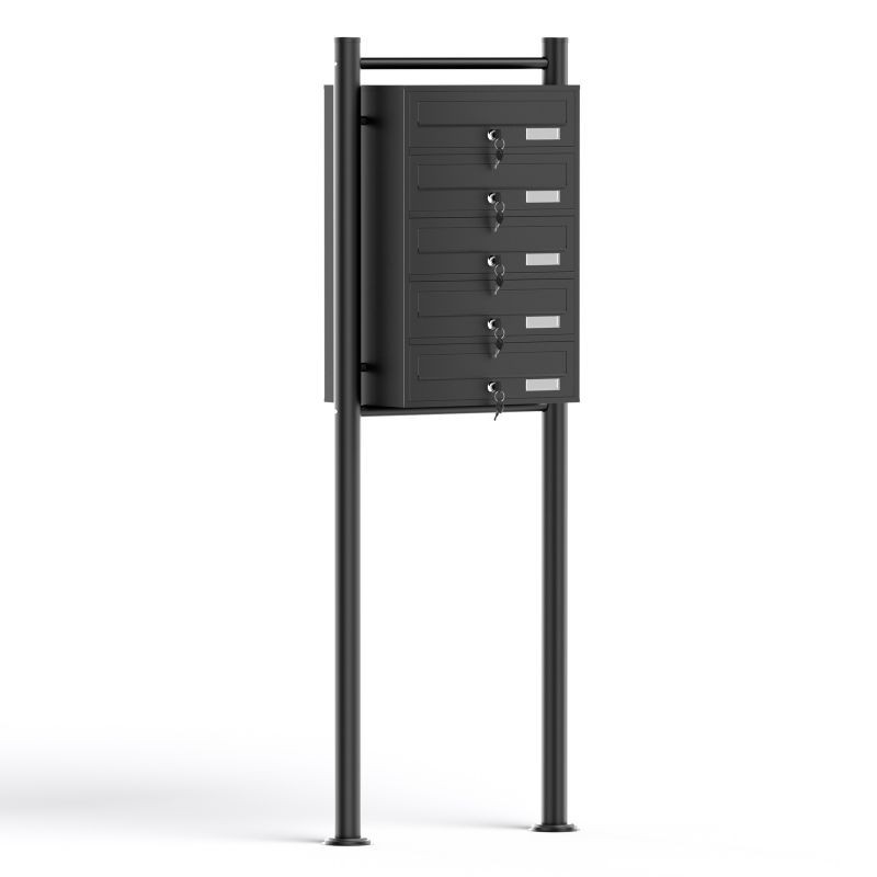 Postilaatikkojärjestelmä 5 lokeroa, musta, 556 x 270 x 1500 mm, sinkitty teräs, jalustalla